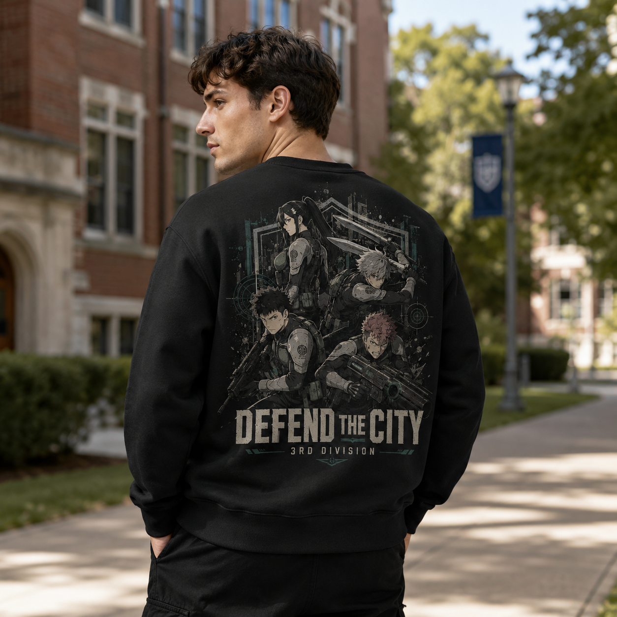 Black sweatshirt with Kikoru Shinomiya & Soshiro Hoshina Kaiju No. 8 Defend The City graphic – photo 3