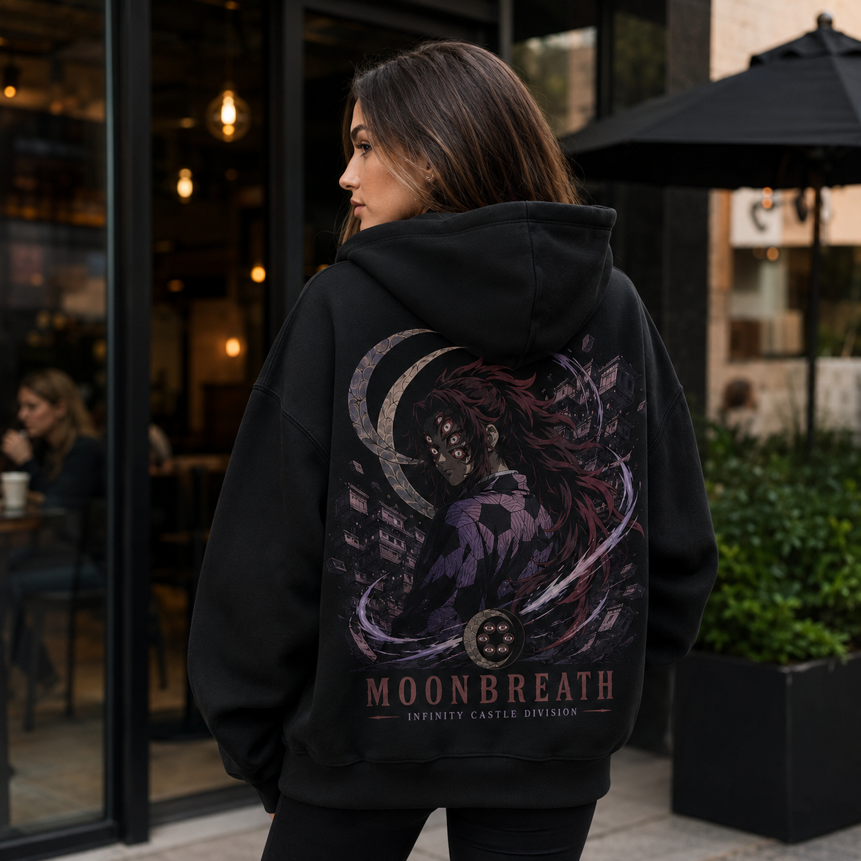 Black hoodie with Kokushibo Demon Slayer Moon Breath graphic – photo 3