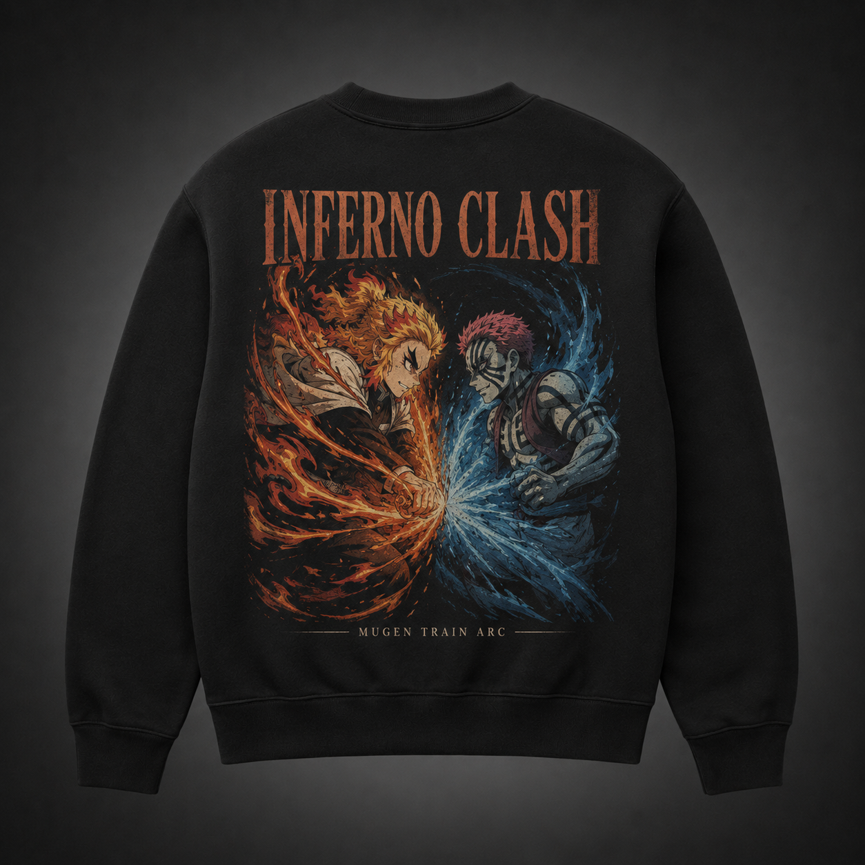 Black sweatshirt with Kyojuro Rengoku, Akaza Demon Slayer Inferno Clash graphic – photo 1