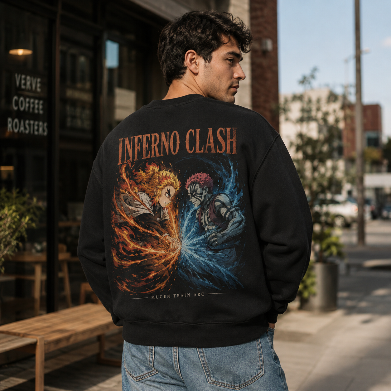Black sweatshirt with Kyojuro Rengoku, Akaza Demon Slayer Inferno Clash graphic – photo 3