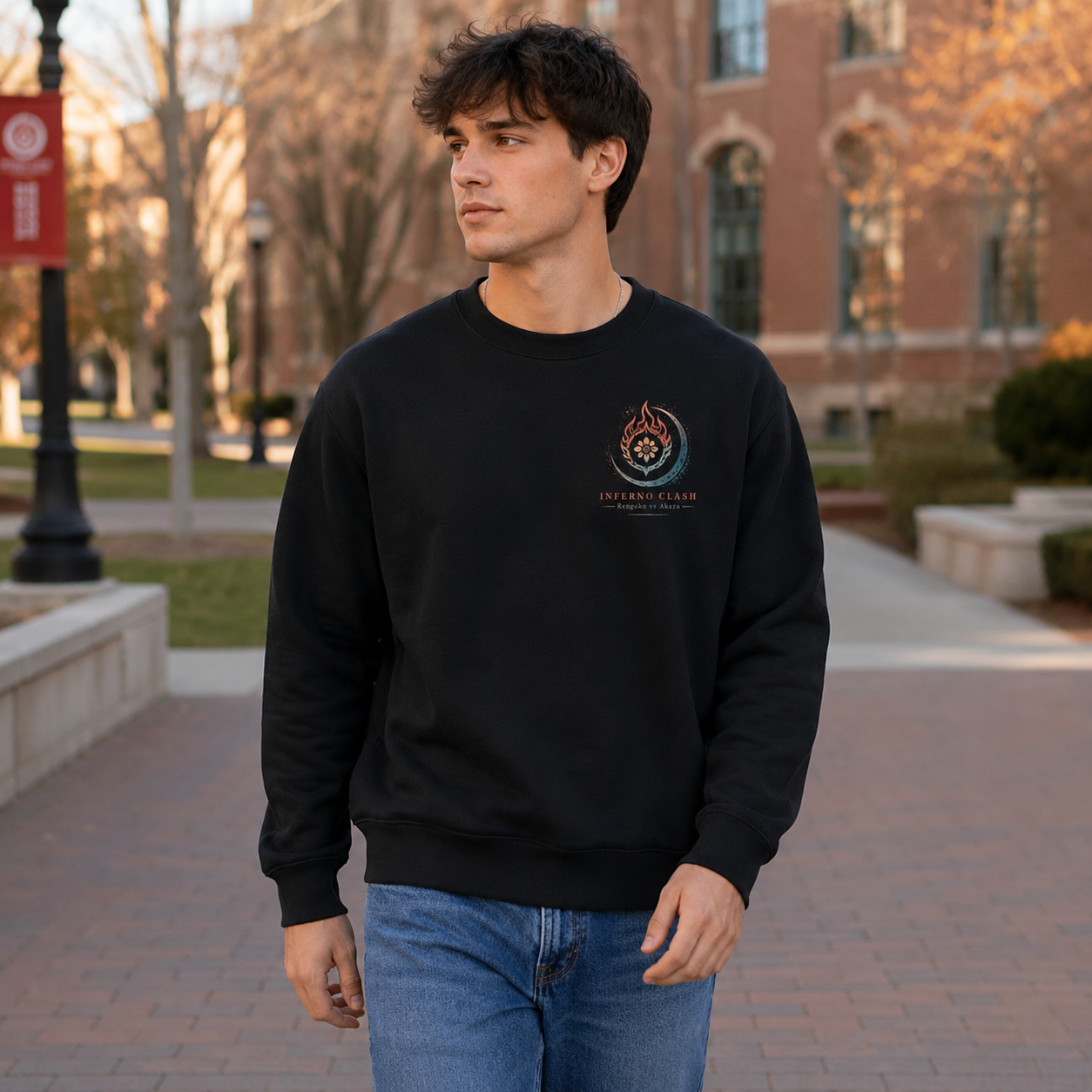 Black sweatshirt with Kyojuro Rengoku, Akaza Demon Slayer Inferno Clash graphic – photo 4