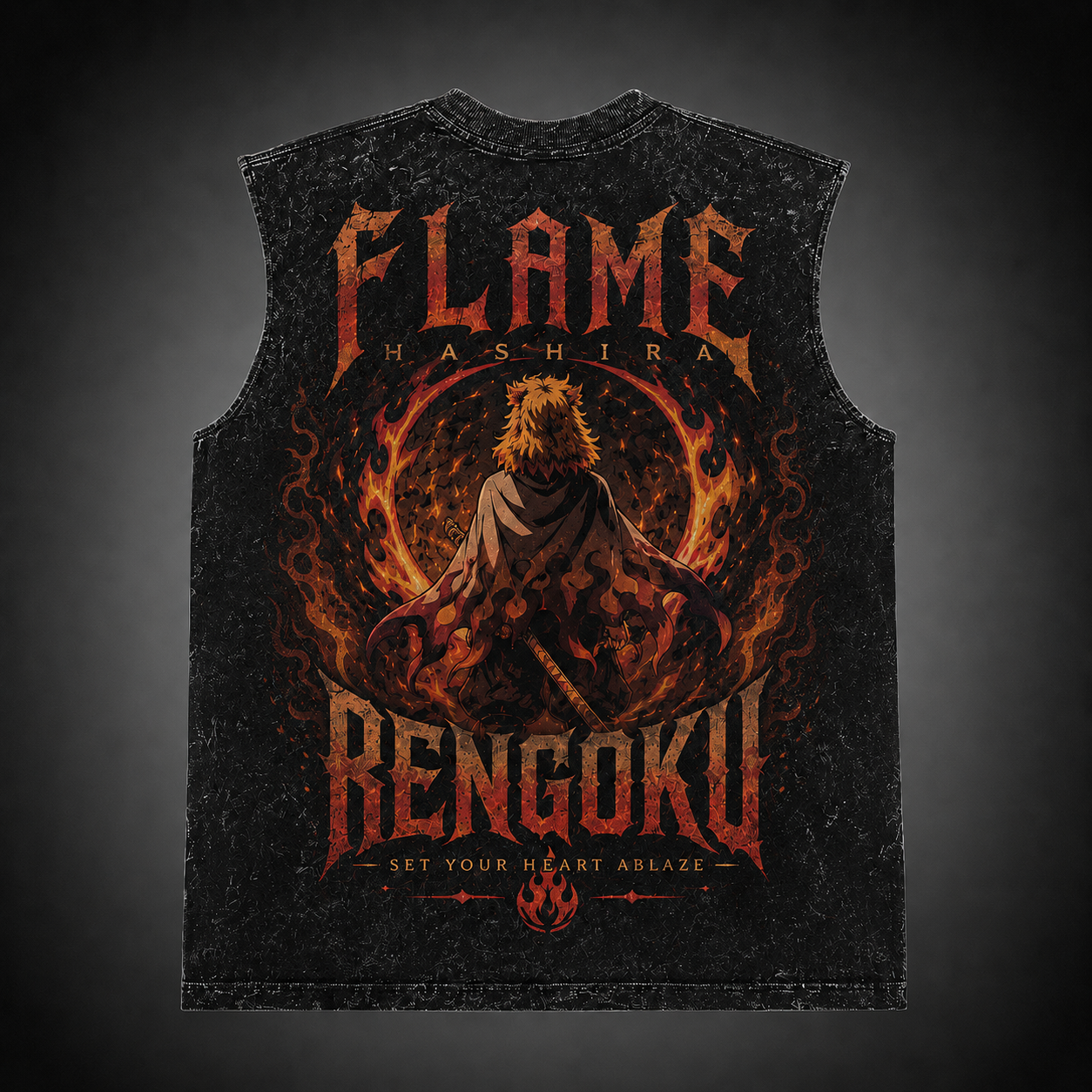 Washed black tank top with Kyojuro Rengoku Demon Slayer Flame Hashira Blaze graphic – photo 1