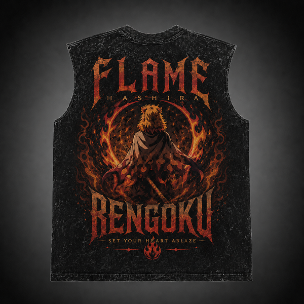 Washed black tank top with Kyojuro Rengoku Demon Slayer Flame Hashira Blaze graphic – photo 1