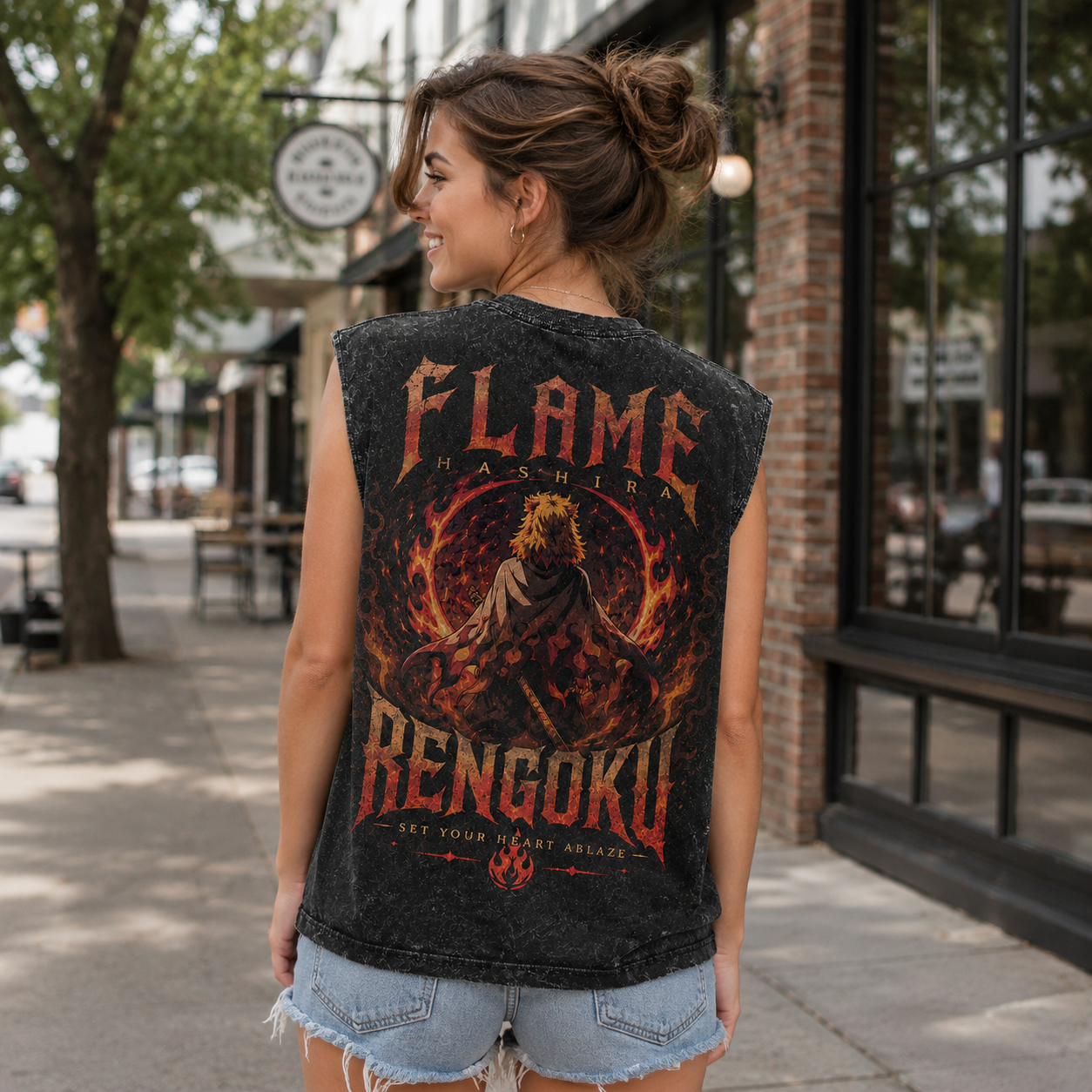 Washed black tank top with Kyojuro Rengoku Demon Slayer Flame Hashira Blaze graphic – photo 3