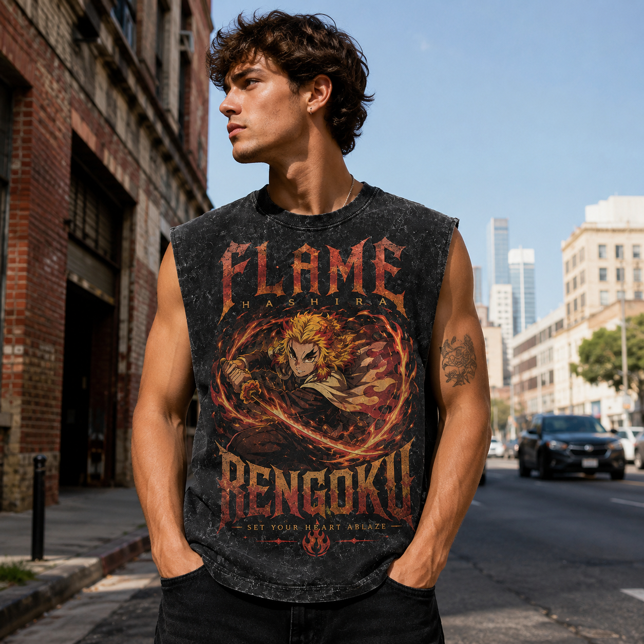 Washed black tank top with Kyojuro Rengoku Demon Slayer Flame Hashira Blaze graphic – photo 4