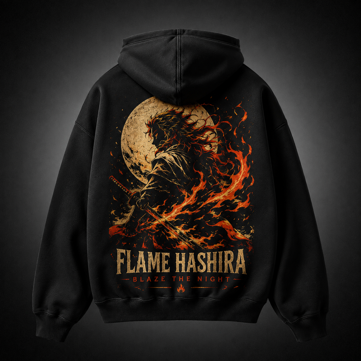 Black hoodie with Kyojuro Rengoku Demon Slayer Flame Hashira graphic – photo 1