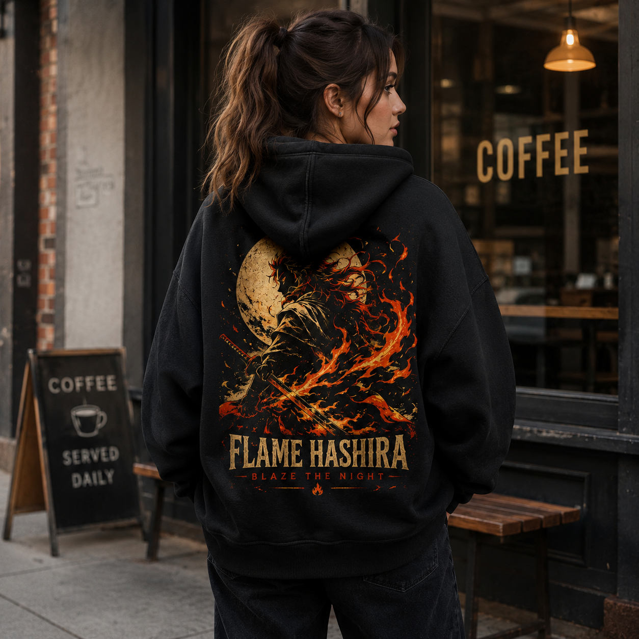 Black hoodie with Kyojuro Rengoku Demon Slayer Flame Hashira graphic – photo 3