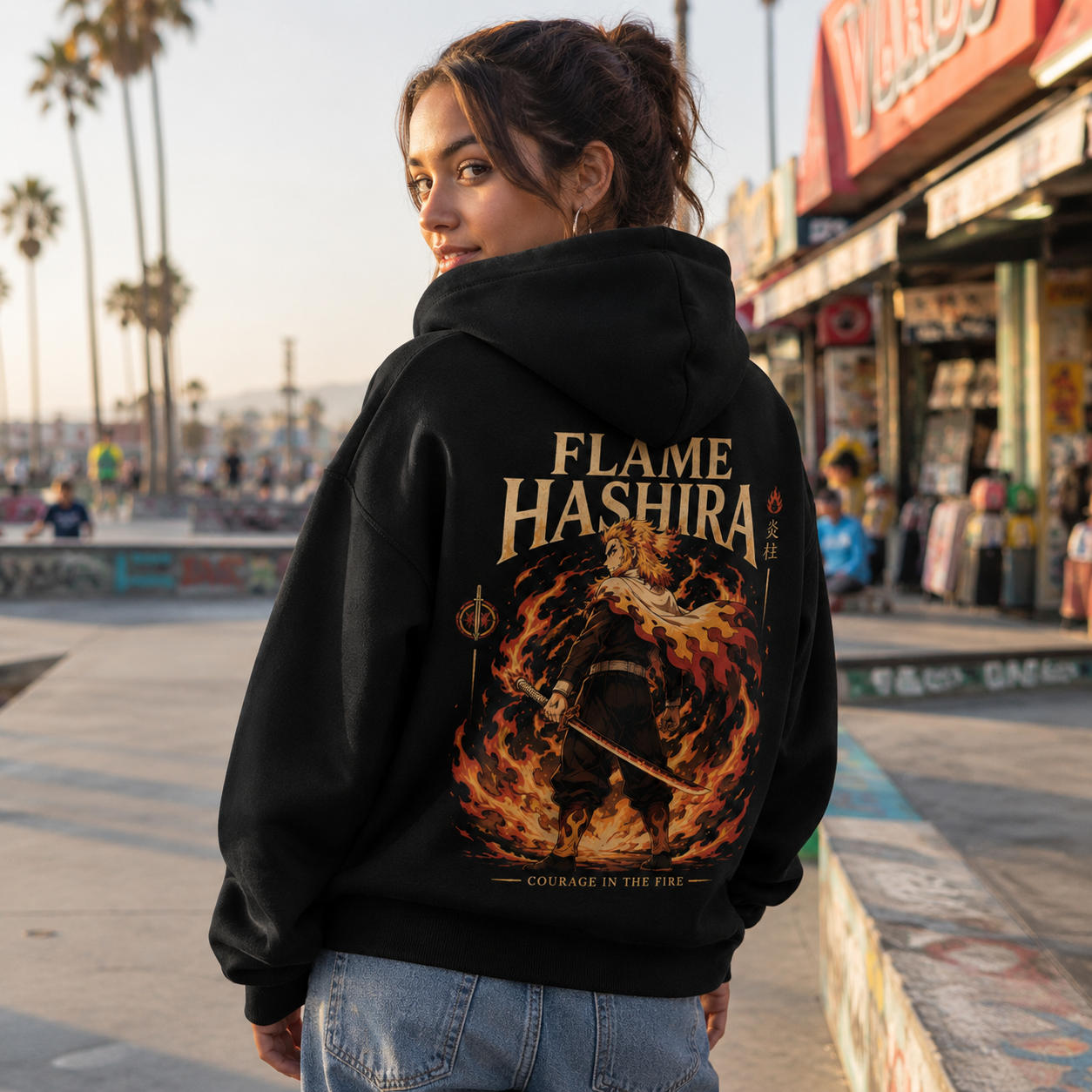 Black hoodie with Kyojuro Rengoku Demon Slayer Flame Hashira graphic – photo 3