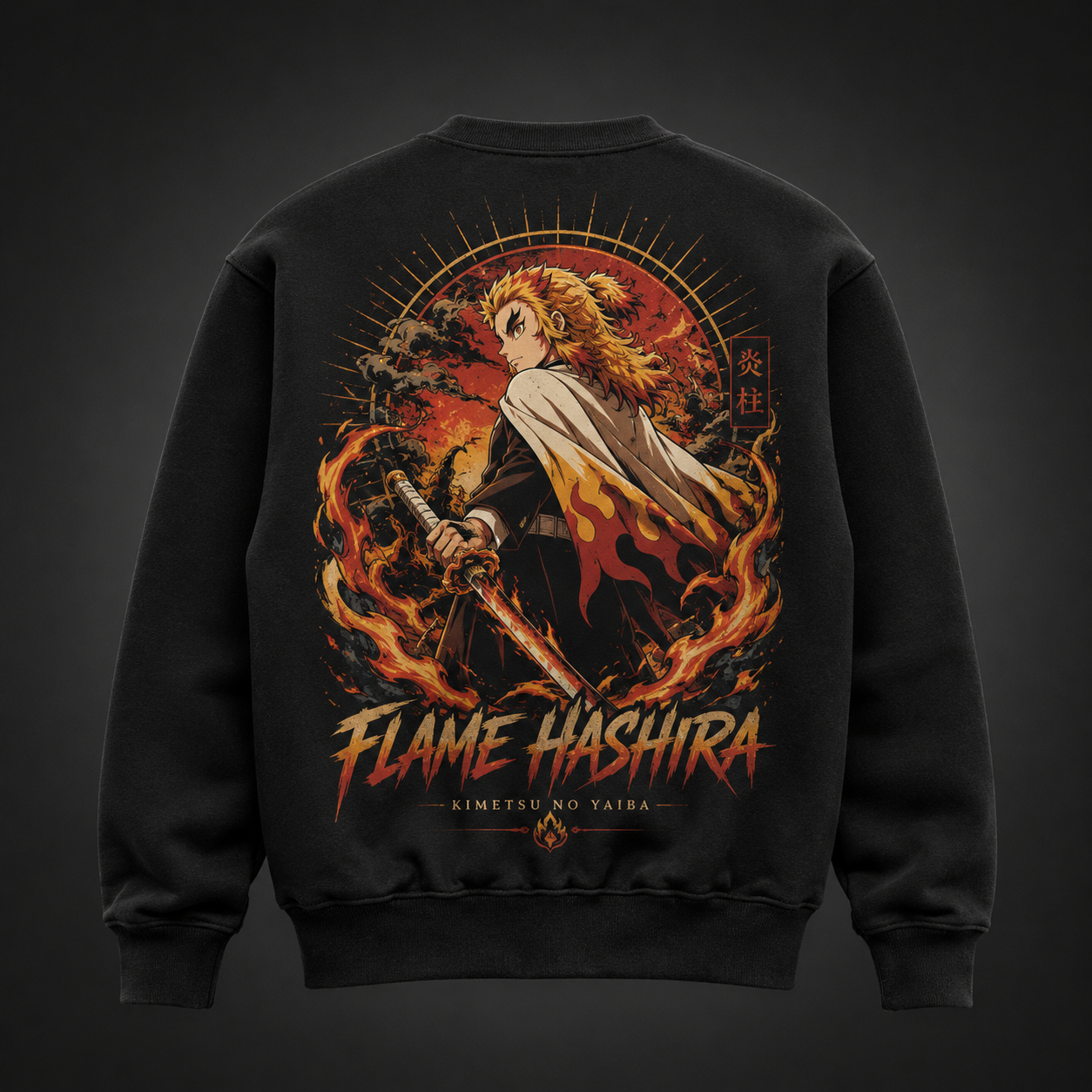 Black sweatshirt with Kyojuro Rengoku Demon Slayer Flame Hashira graphic – photo 1