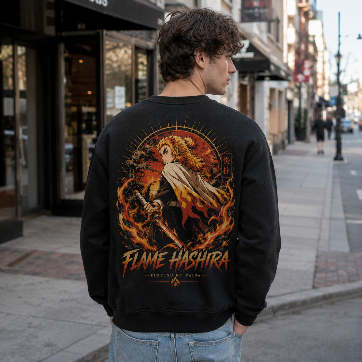Black sweatshirt with Kyojuro Rengoku Demon Slayer Flame Hashira graphic – photo 3