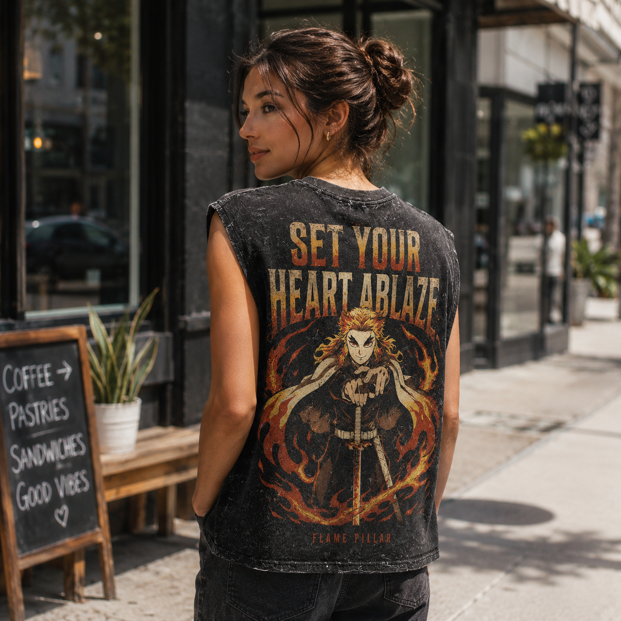 Washed black tank top with Kyojuro Rengoku Demon Slayer Flame Pillar graphic – photo 3