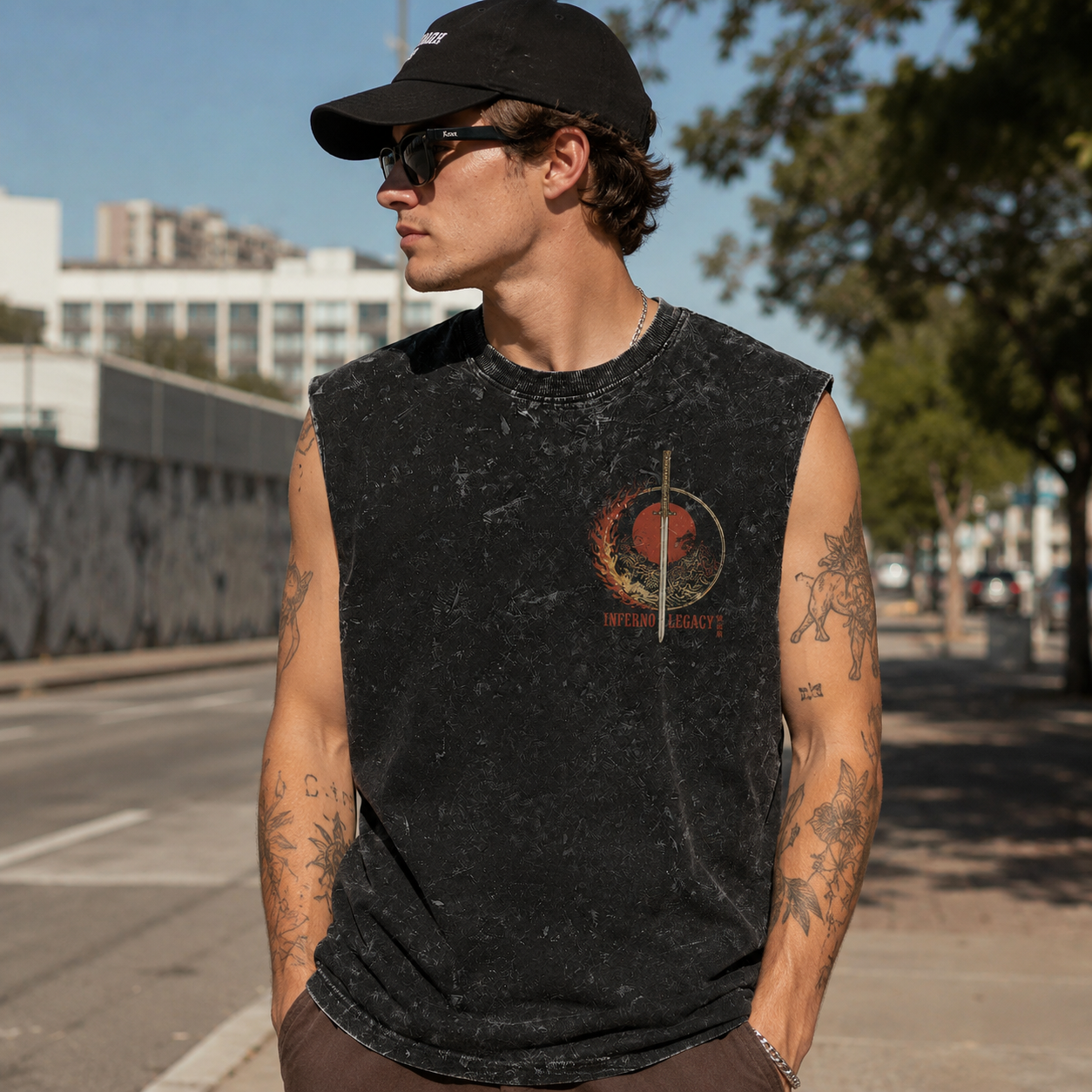 Washed black tank top with Kyojuro Rengoku Demon Slayer Flame Pillar graphic – photo 4