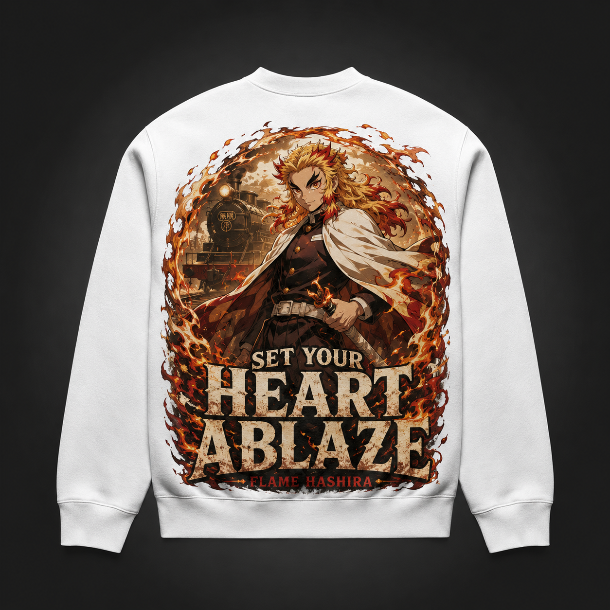 White sweatshirt with Kyojuro Rengoku Demon Slayer Heart Ablaze Flame graphic – photo 1