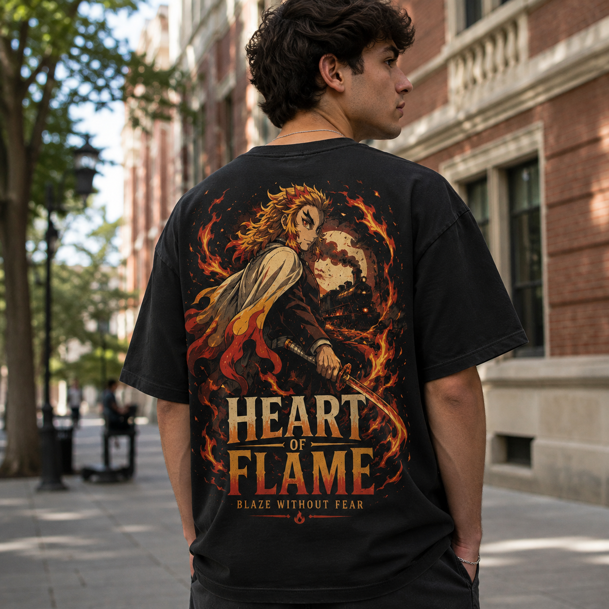 Black t-shirt with Kyojuro Rengoku Demon Slayer Heart Of Flame graphic – photo 3