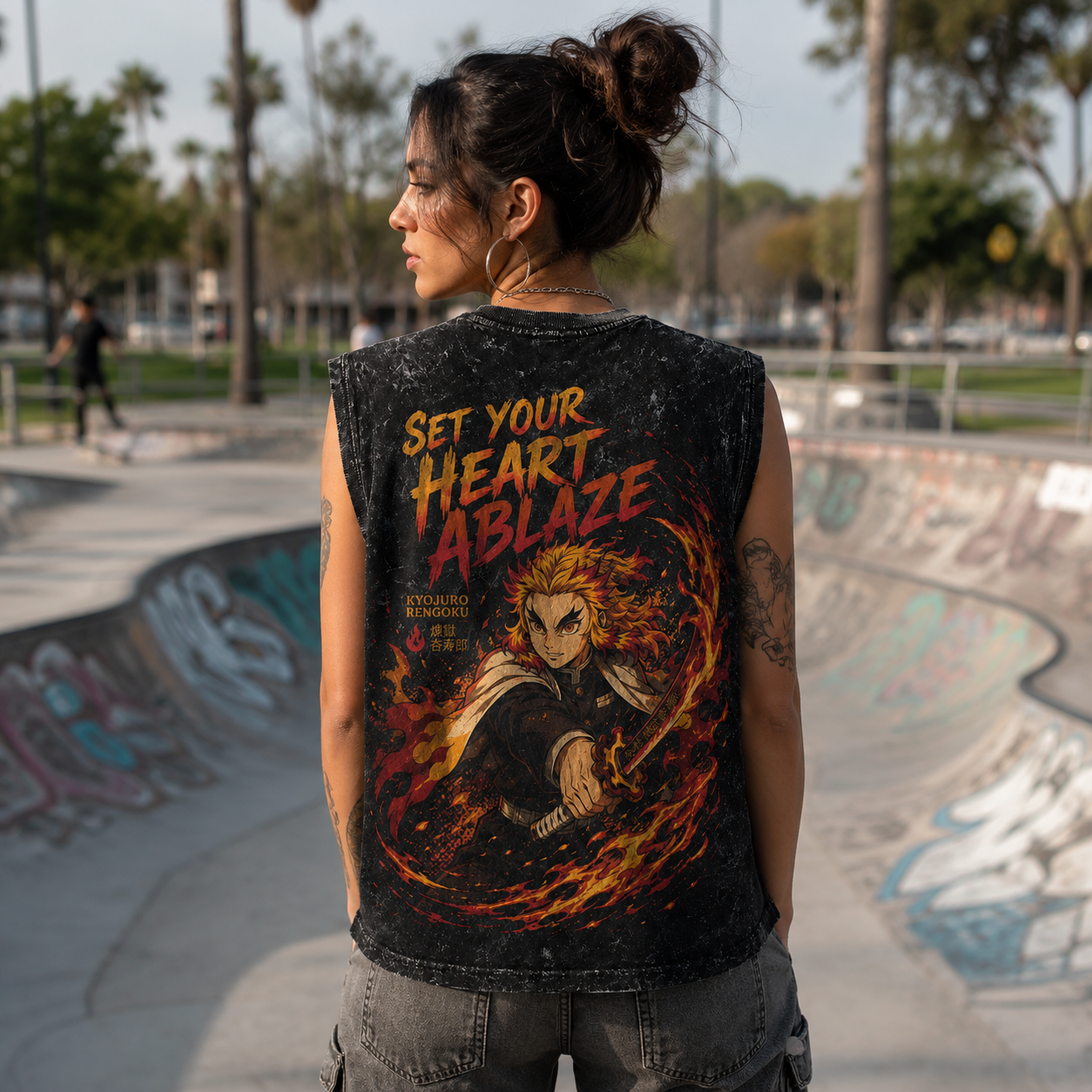 Washed black tank top with Kyojuro Rengoku Demon Slayer Set Your Heart Ablaze graphic – photo 3