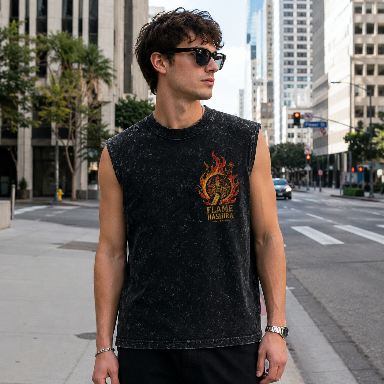 Washed black tank top with Kyojuro Rengoku Demon Slayer Set Your Heart Ablaze graphic – photo 4