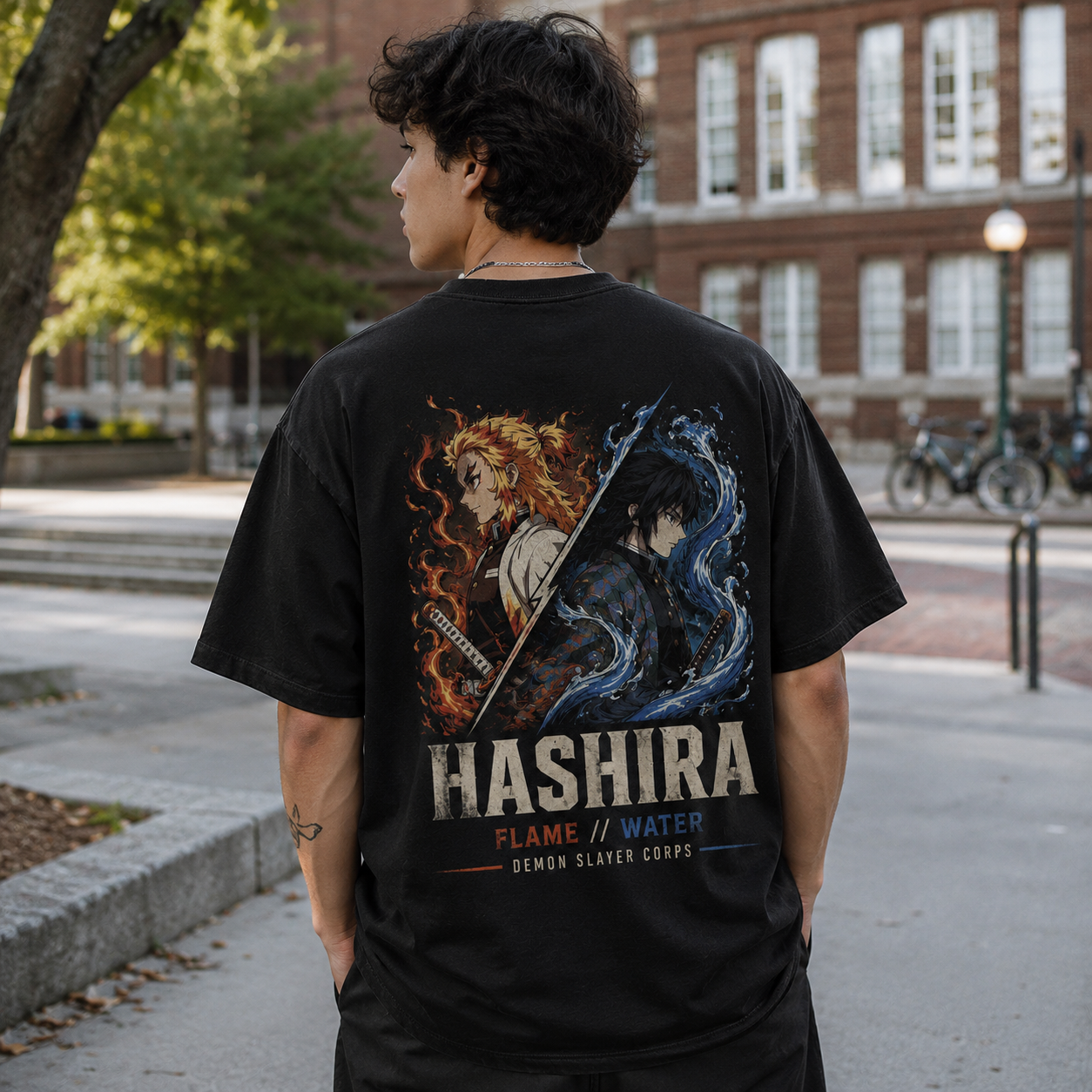 Black t-shirt with Kyojuro Rengoku & Giyu Tomioka Demon Slayer Flame And Water graphic – photo 3