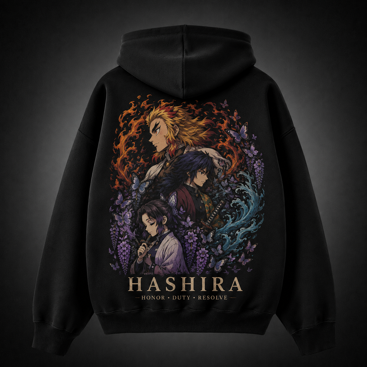 Black hoodie with Kyojuro Rengoku, Giyu Tomioka, Shinobu Kocho Demon Slayer Hashira Trinity graphic – photo 1