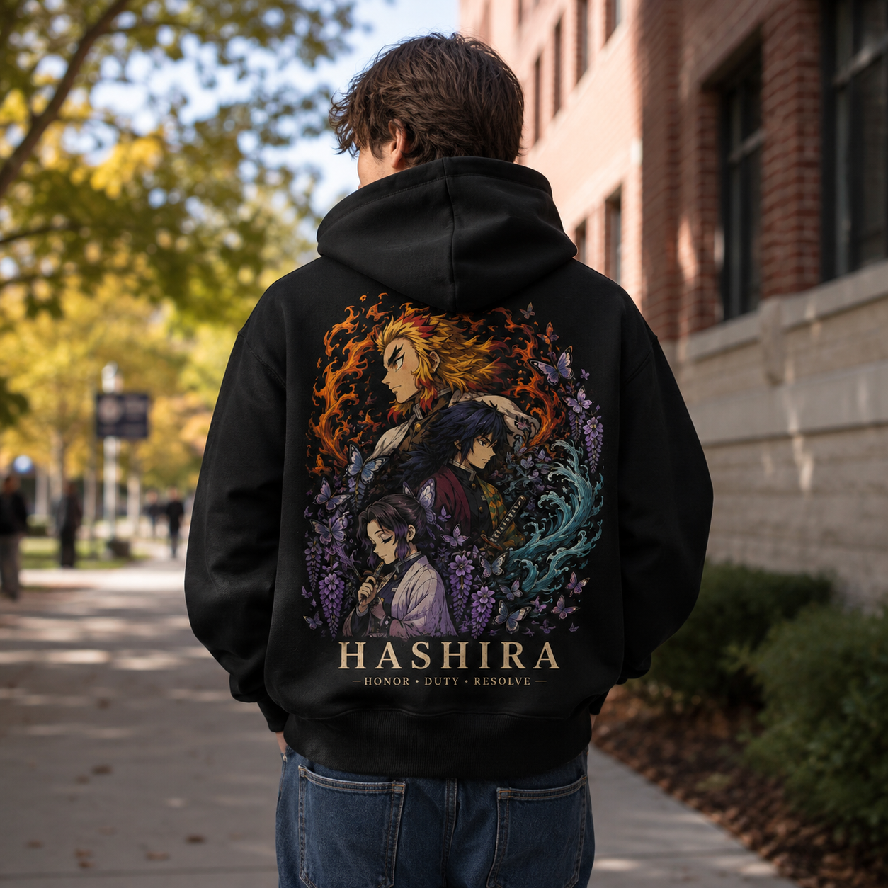 Black hoodie with Kyojuro Rengoku, Giyu Tomioka, Shinobu Kocho Demon Slayer Hashira Trinity graphic – photo 3
