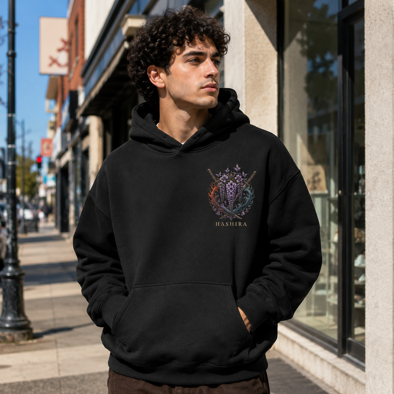 Black hoodie with Kyojuro Rengoku, Giyu Tomioka, Shinobu Kocho Demon Slayer Hashira Trinity graphic – photo 4