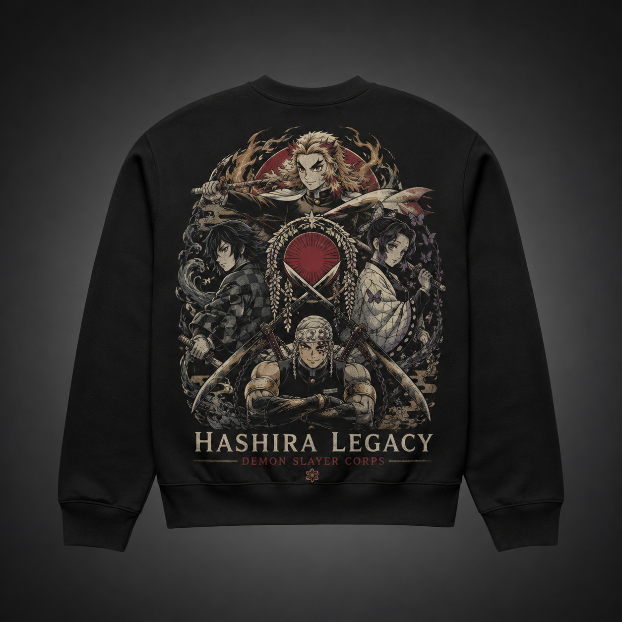 Black sweatshirt with Kyojuro Rengoku, Giyu Tomioka, Shinobu Kocho, Tengen Uzui Demon Slayer Corps Assembly graphic – photo 1