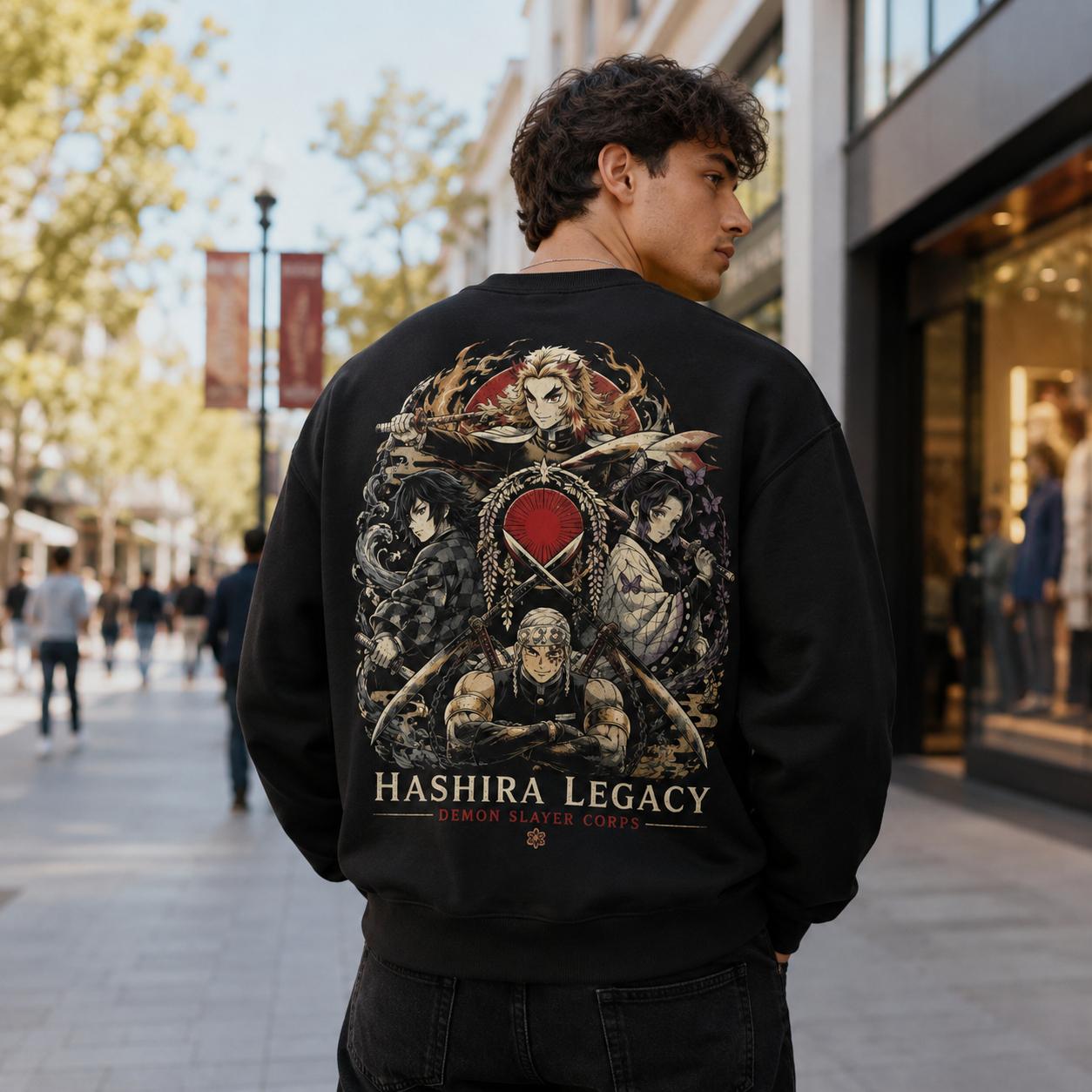 Black sweatshirt with Kyojuro Rengoku, Giyu Tomioka, Shinobu Kocho, Tengen Uzui Demon Slayer Corps Assembly graphic – photo 3