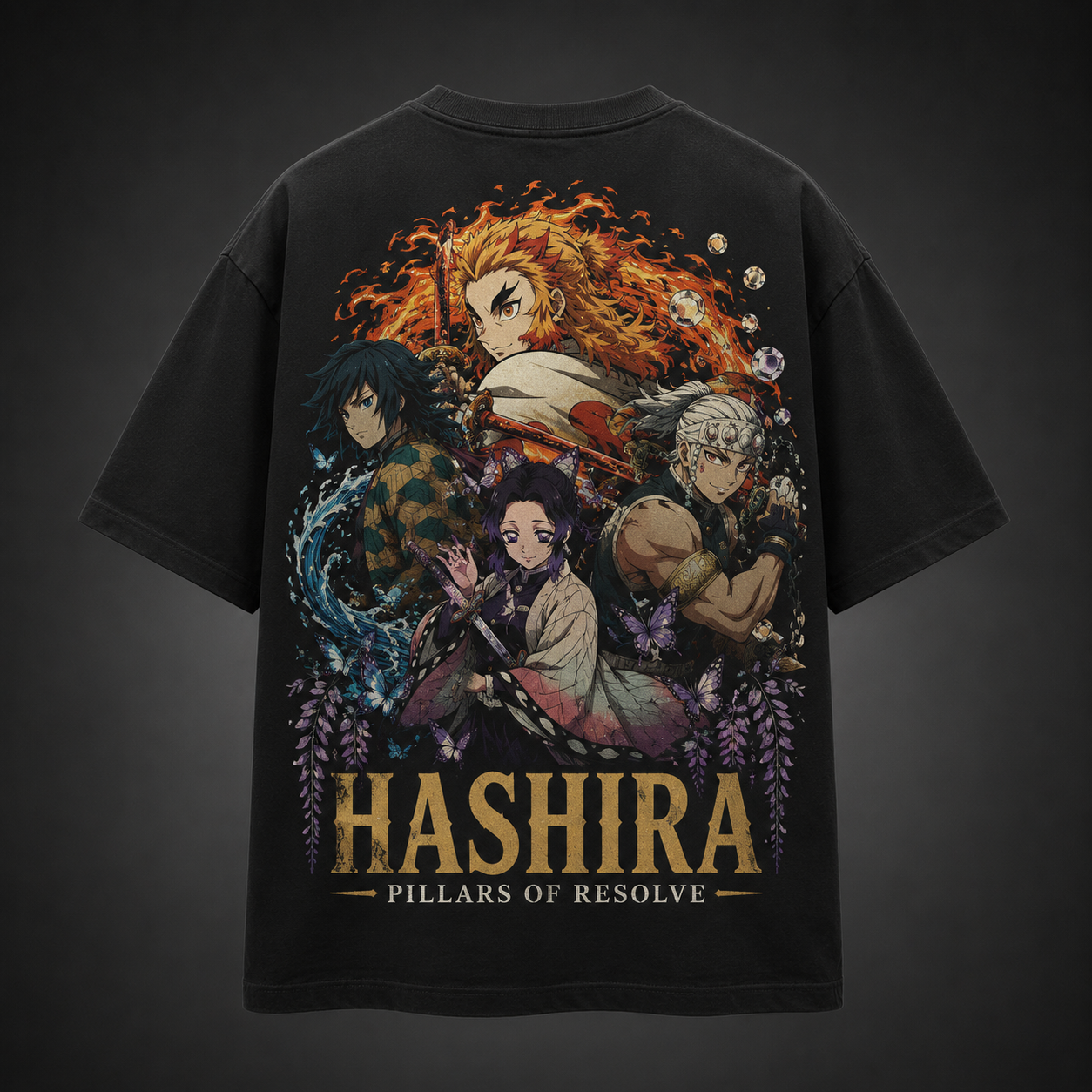 Black t-shirt with Kyojuro Rengoku, Giyu Tomioka, Shinobu Kocho, Tengen Uzui Demon Slayer Pillars Of Resolve graphic – photo 1