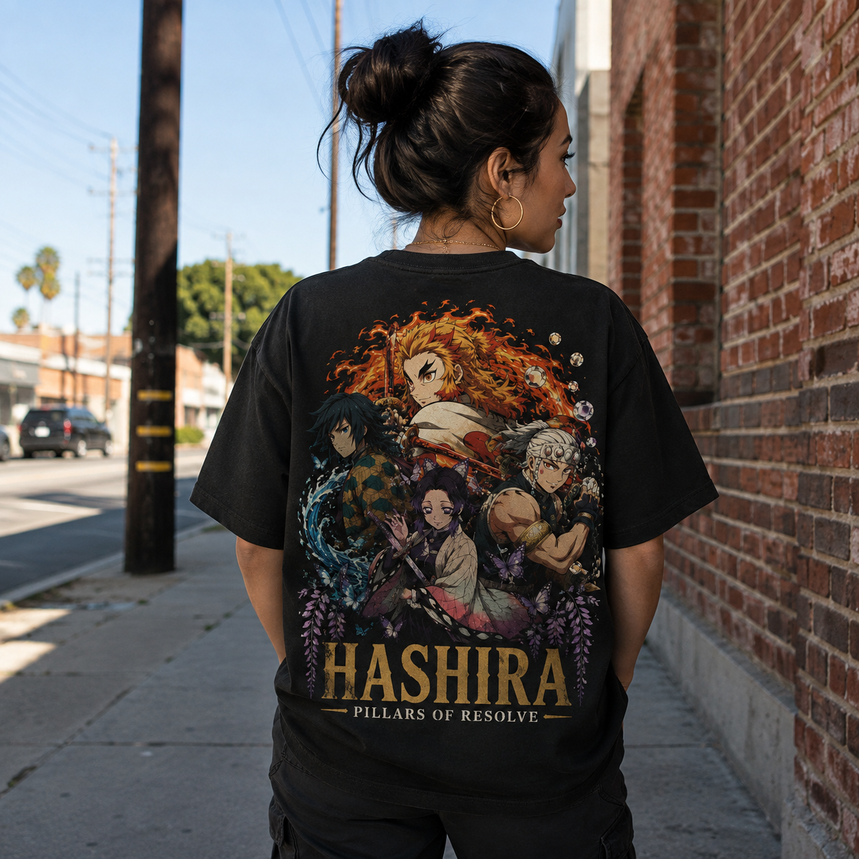 Black t-shirt with Kyojuro Rengoku, Giyu Tomioka, Shinobu Kocho, Tengen Uzui Demon Slayer Pillars Of Resolve graphic – photo 3