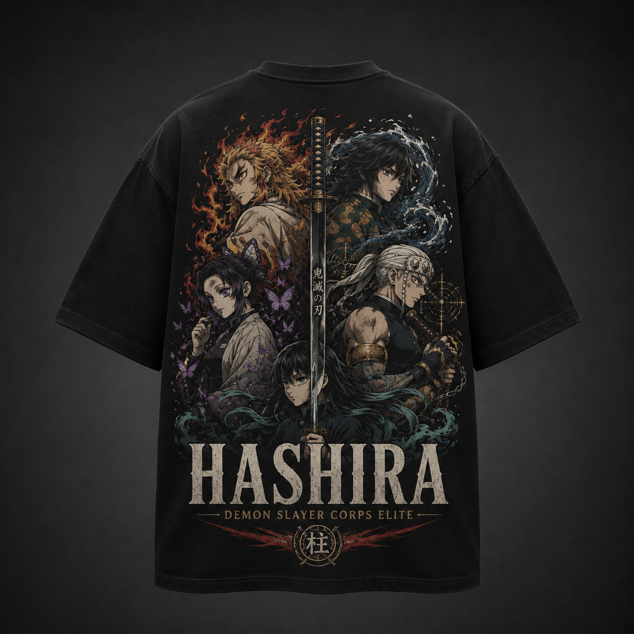 Black t-shirt with Kyojuro Rengoku, Giyu Tomioka, Shinobu Kocho, Tengen Uzui, Muichiro Tokito Demon Slayer Corps Elite graphic – photo 1