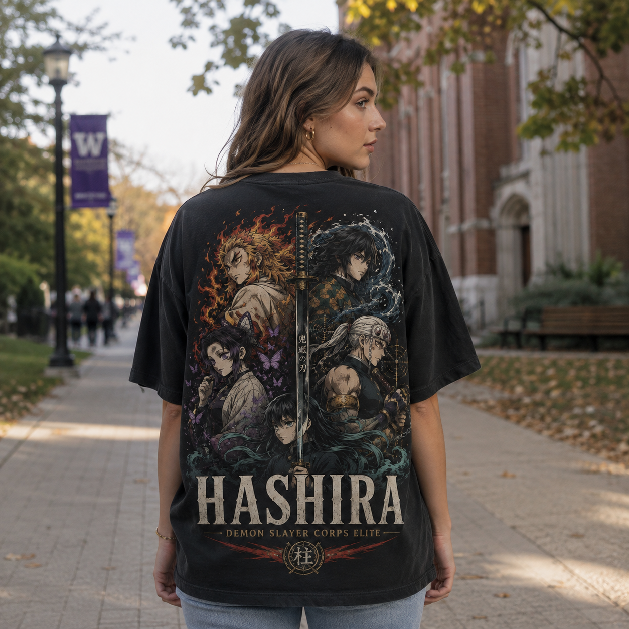 Black t-shirt with Kyojuro Rengoku, Giyu Tomioka, Shinobu Kocho, Tengen Uzui, Muichiro Tokito Demon Slayer Corps Elite graphic – photo 3