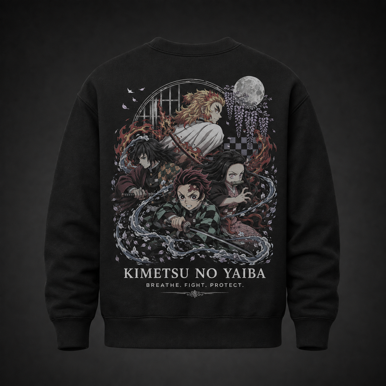 Black sweatshirt with Kyojuro Rengoku, Giyu Tomioka, Tanjiro Kamado, Nezuko Kamado Demon Slayer Breathe Fight Protect graphic – photo 1