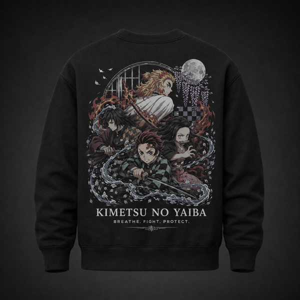 Black sweatshirt with Kyojuro Rengoku, Giyu Tomioka, Tanjiro Kamado, Nezuko Kamado Demon Slayer Breathe Fight Protect graphic – photo 1