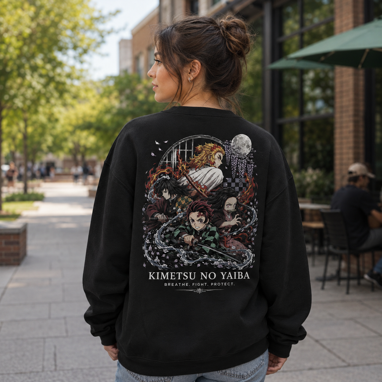 Black sweatshirt with Kyojuro Rengoku, Giyu Tomioka, Tanjiro Kamado, Nezuko Kamado Demon Slayer Breathe Fight Protect graphic – photo 3