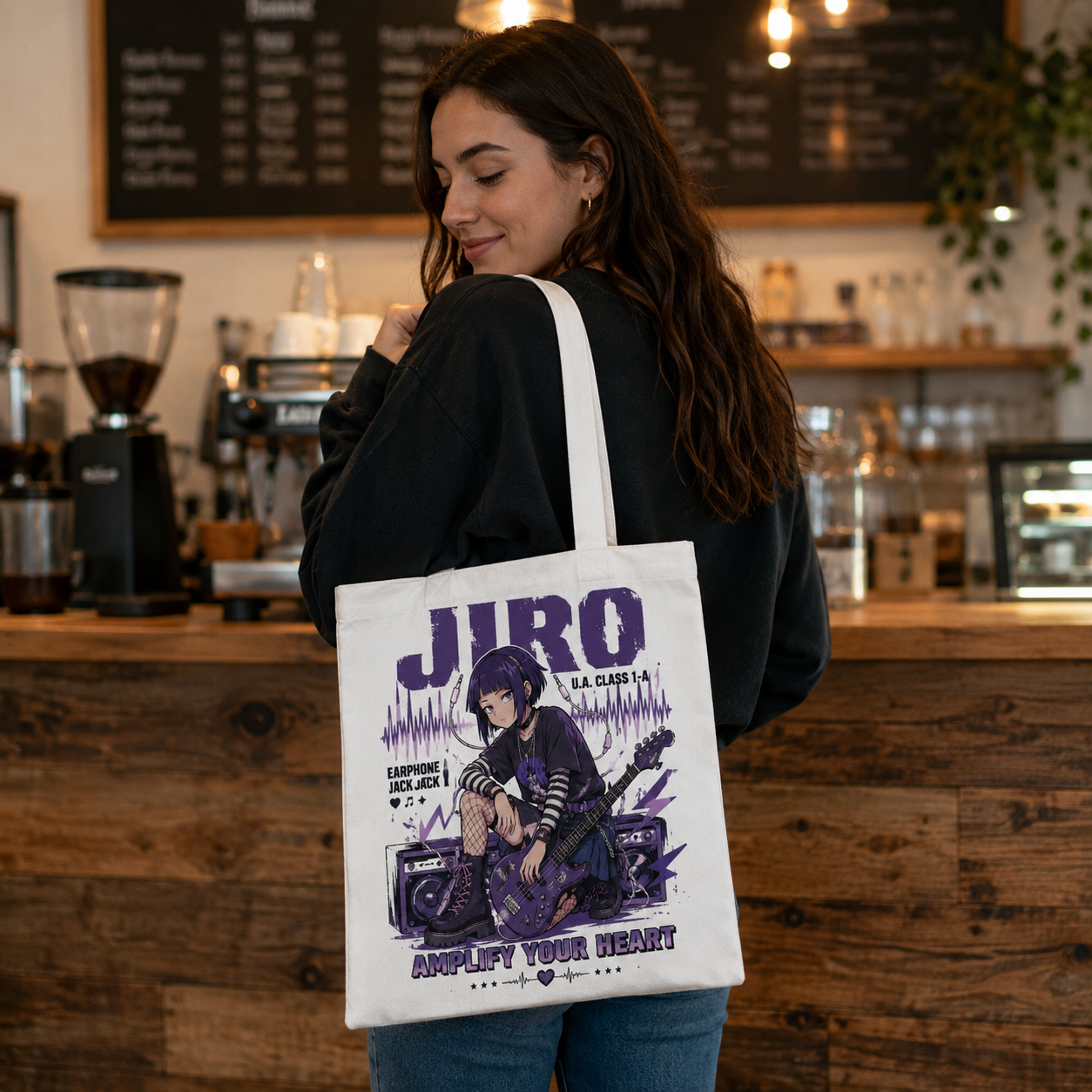 Natural tote bag with Kyoka Jiro My Hero Academia Amplify Your Heart graphic – photo 4
