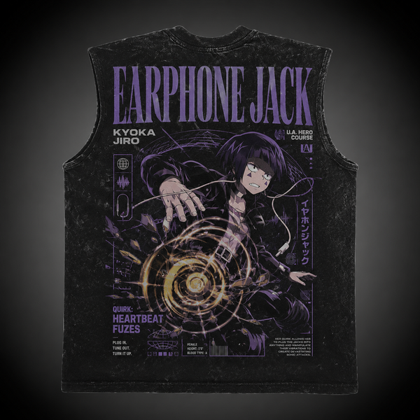 Washed black tank top with Kyoka Jiro My Hero Academia Earphone Jack Heartbeat Fuzes graphic – photo 1