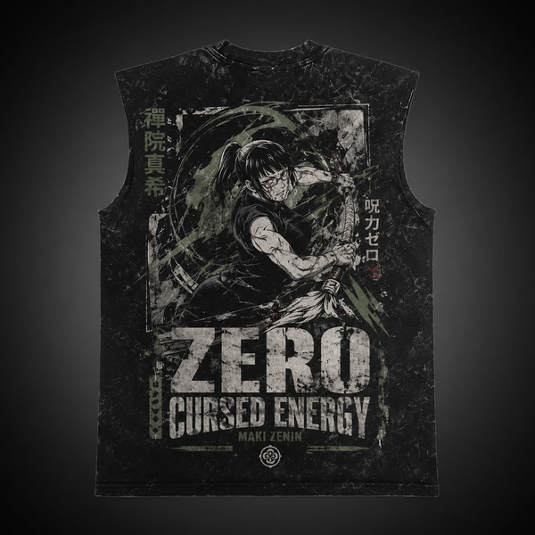 Washed black tank top with Maki Zenin Jujutsu Kaisen Zero Cursed Energy graphic – photo 2