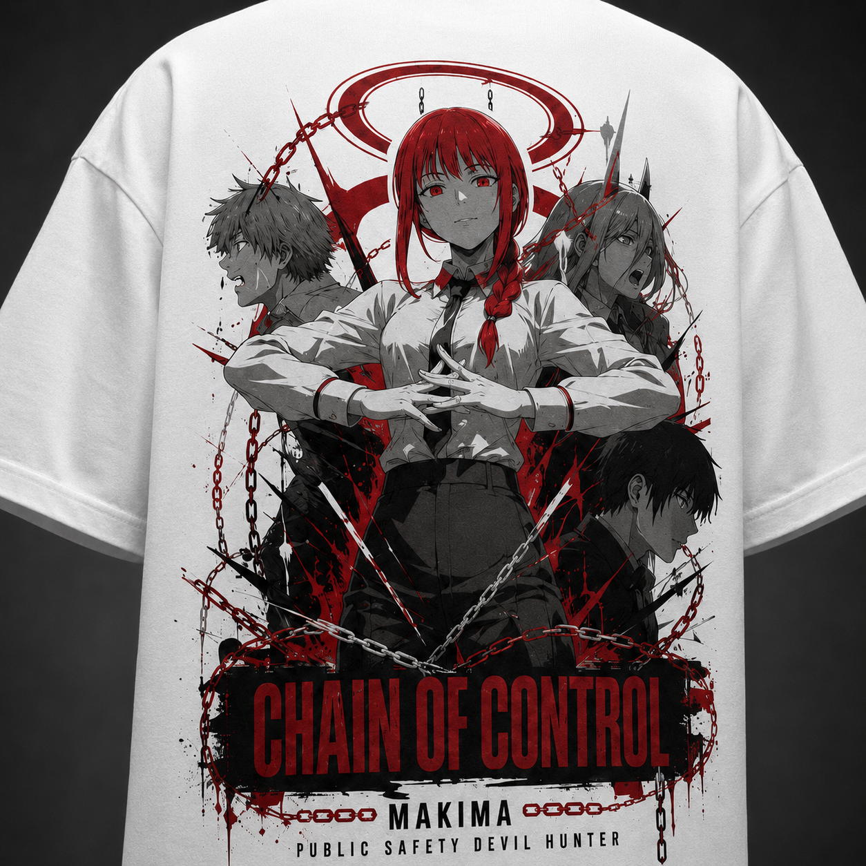 White t-shirt with Makima Chainsaw Man Chain Of Control graphic – photo 2