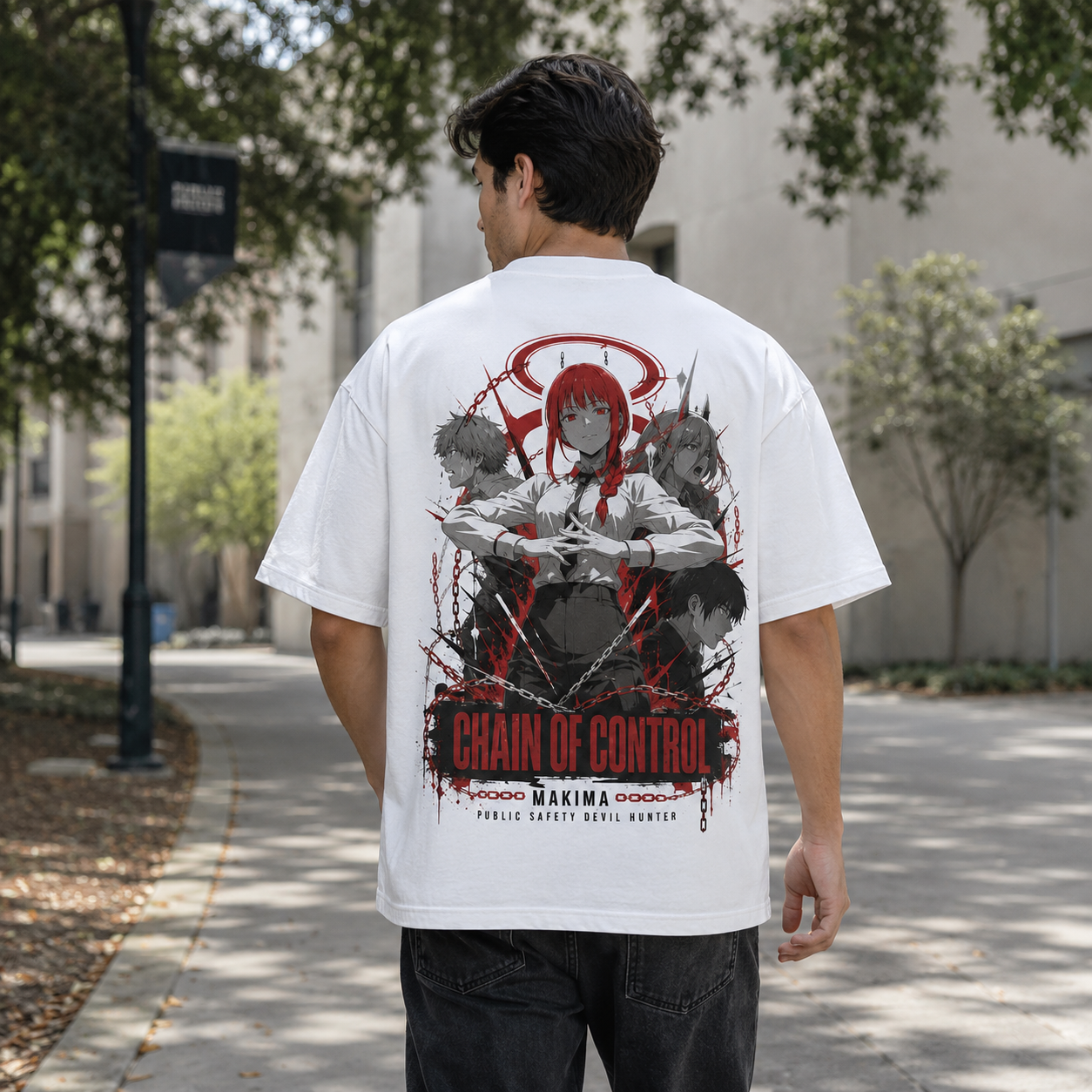 White t-shirt with Makima Chainsaw Man Chain Of Control graphic – photo 3