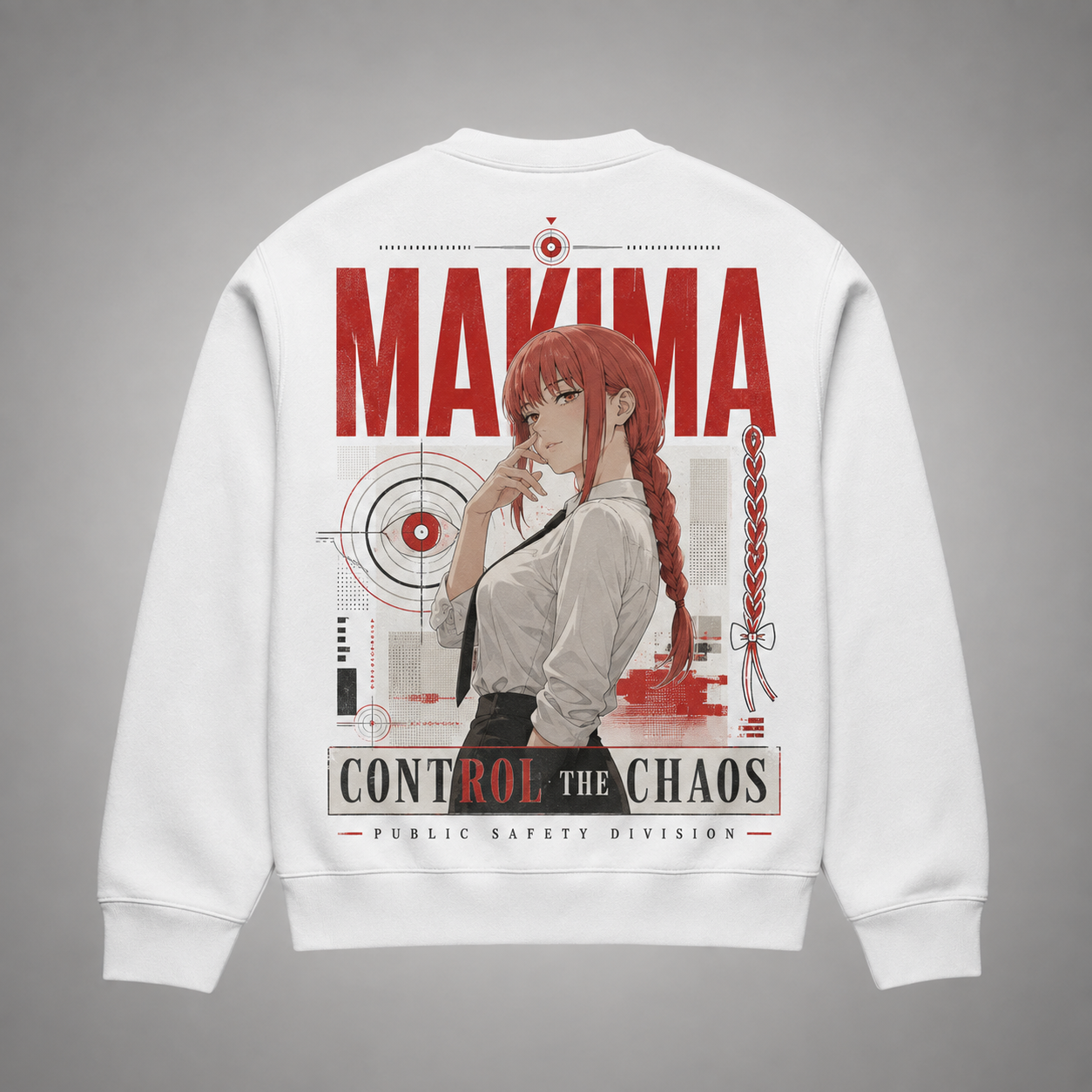White sweatshirt with Makima Chainsaw Man Control The Chaos graphic – photo 1
