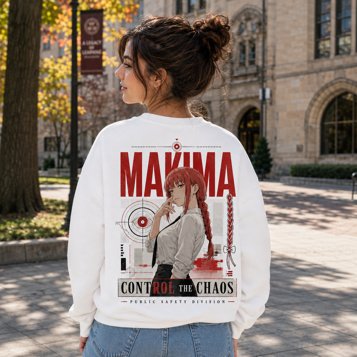 White sweatshirt with Makima Chainsaw Man Control The Chaos graphic – photo 3