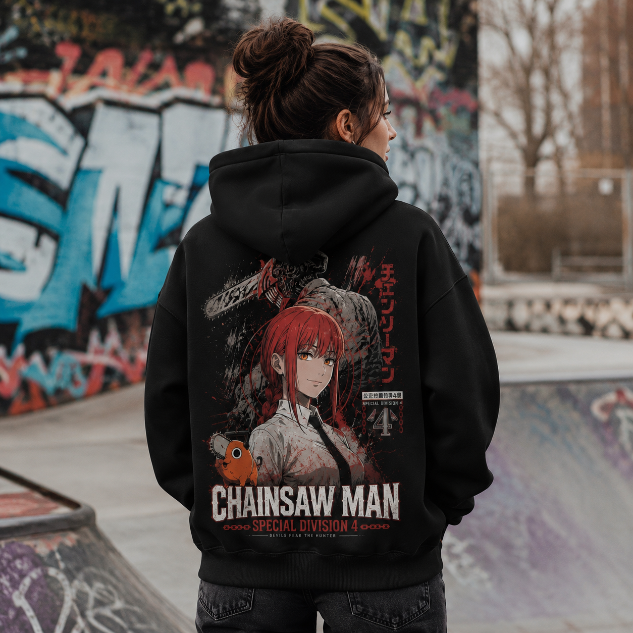 Black hoodie with Makima, Pochita Chainsaw Man Makima Portrait graphic – photo 3