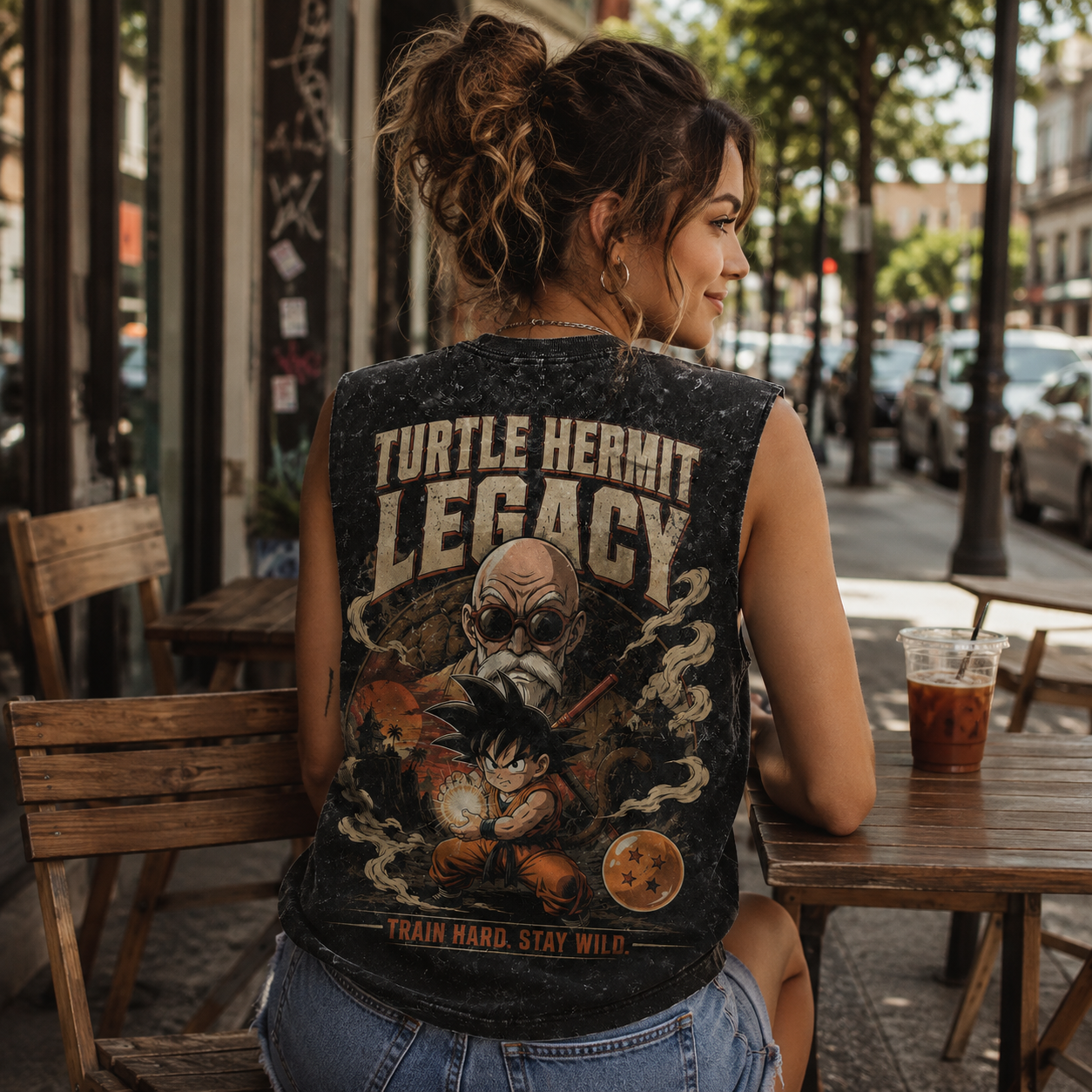 Washed black tank top with Master Roshi & Goku Dragon Ball Turtle Hermit Legacy graphic – photo 3