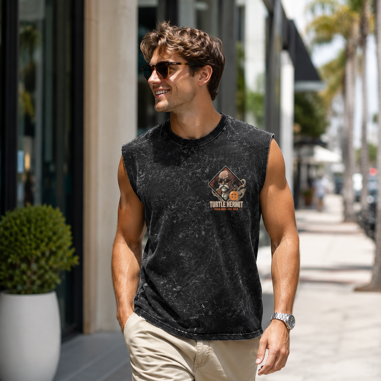 Washed black tank top with Master Roshi & Goku Dragon Ball Turtle Hermit Legacy graphic – photo 4