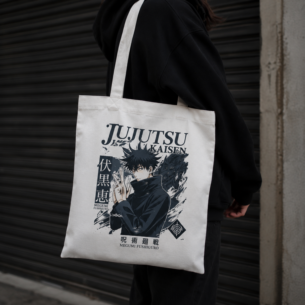 White tote bag with Megumi Fushiguro Jujutsu Kaisen Megumi Shadow Technique graphic – photo 2