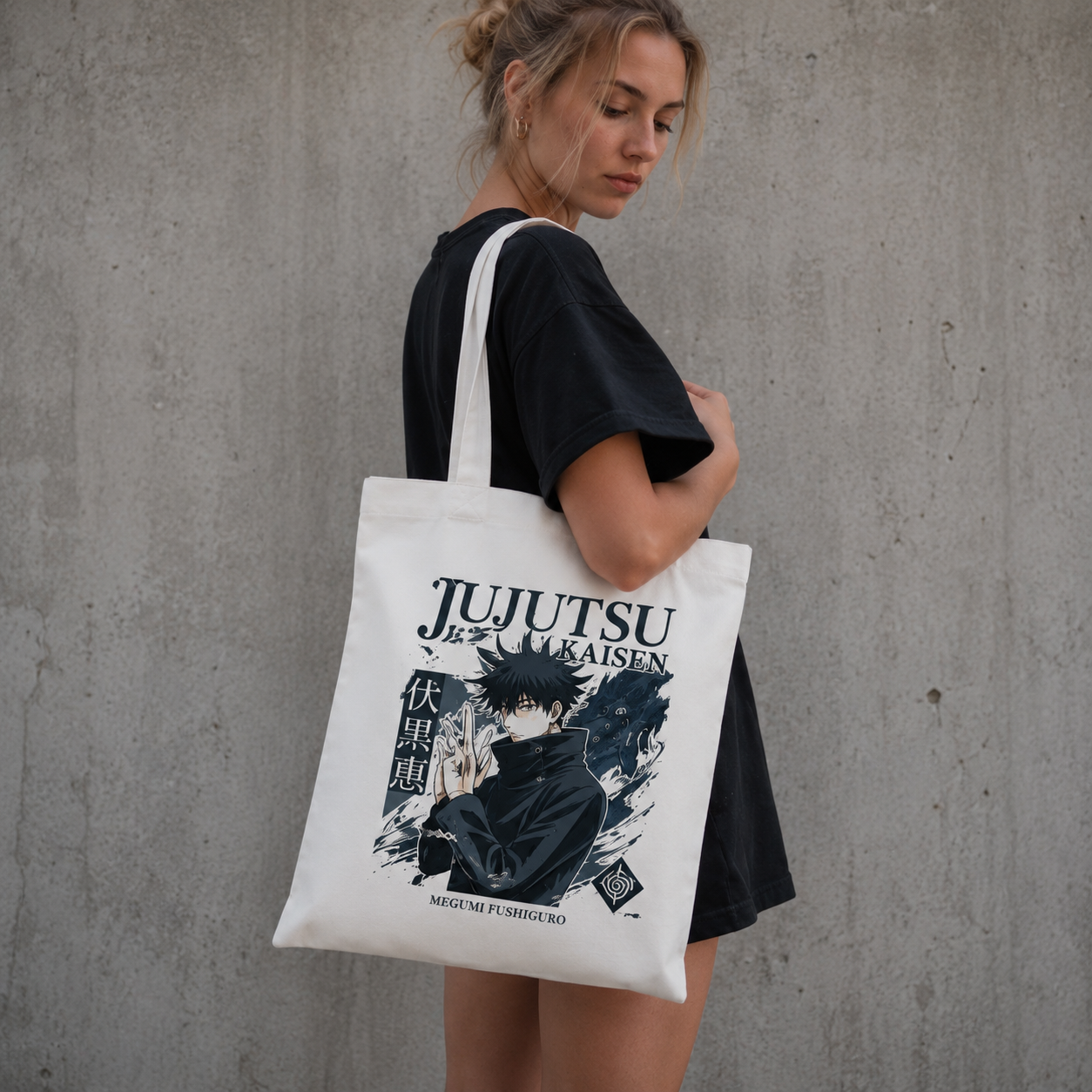 White tote bag with Megumi Fushiguro Jujutsu Kaisen Megumi Shadow Technique graphic – photo 3