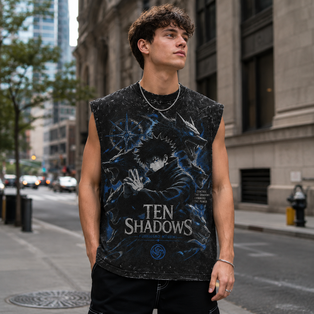 Washed black tank top with Megumi Fushiguro Jujutsu Kaisen Ten Shadows Summon graphic – photo 4