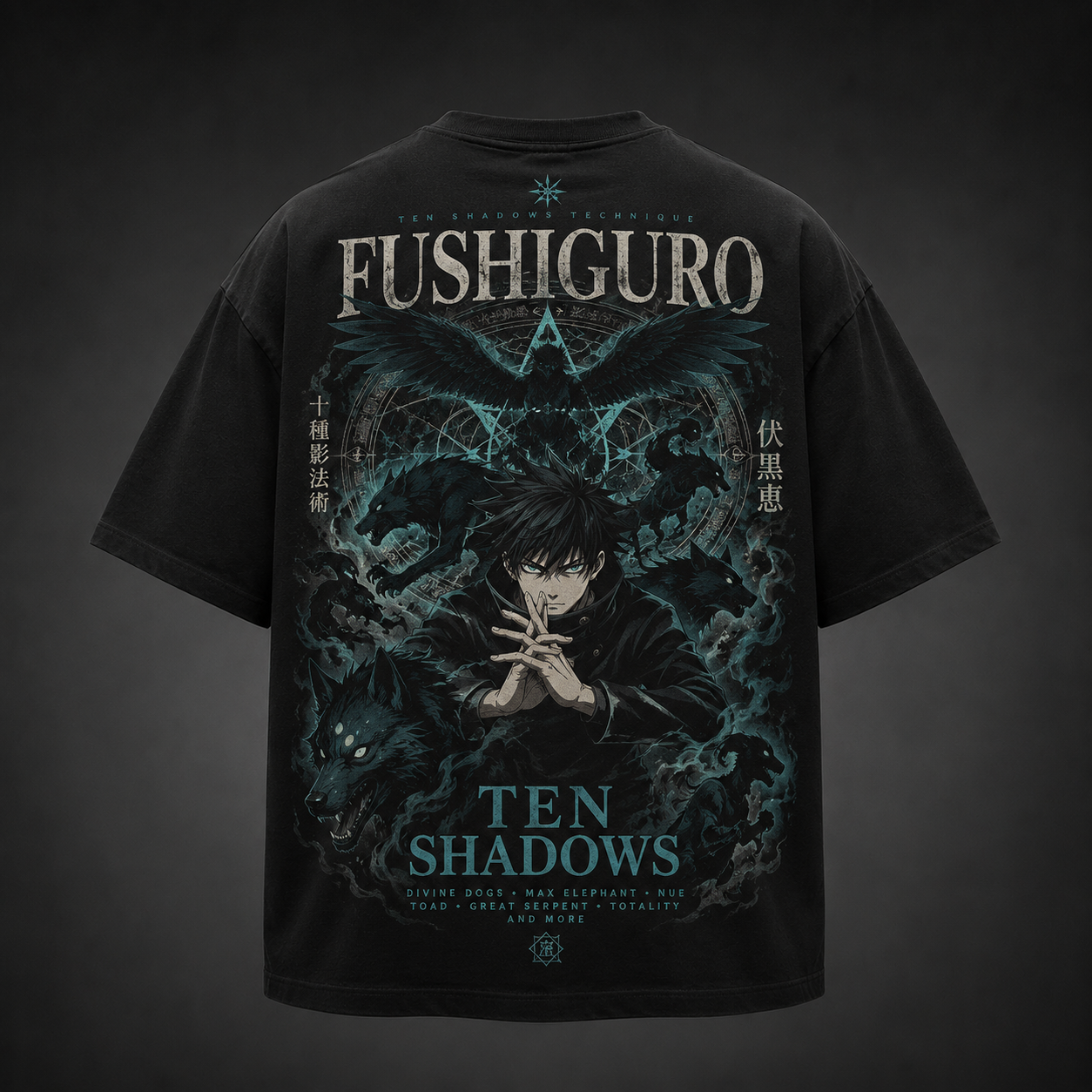 Black t-shirt with Megumi Fushiguro Jujutsu Kaisen Ten Shadows Technique graphic – photo 1