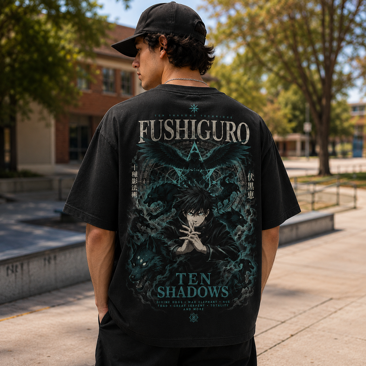 Black t-shirt with Megumi Fushiguro Jujutsu Kaisen Ten Shadows Technique graphic – photo 3