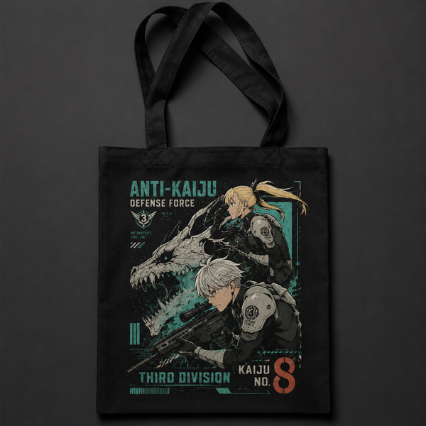 Black tote bag with Mina Ashiro & Soshiro Hoshina Kaiju No. 8 Third Division Duo graphic – photo 1