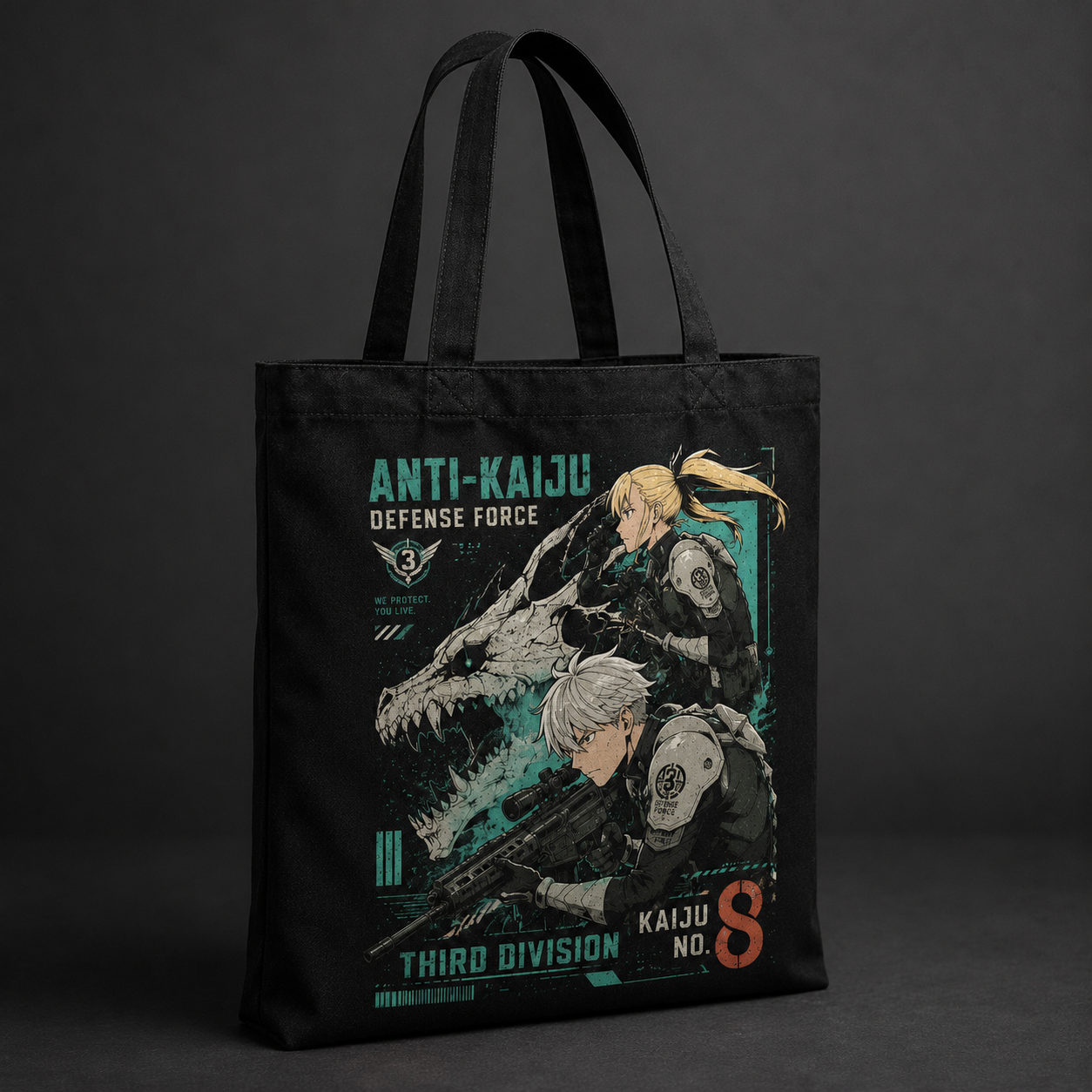 Black tote bag with Mina Ashiro & Soshiro Hoshina Kaiju No. 8 Third Division Duo graphic – photo 2